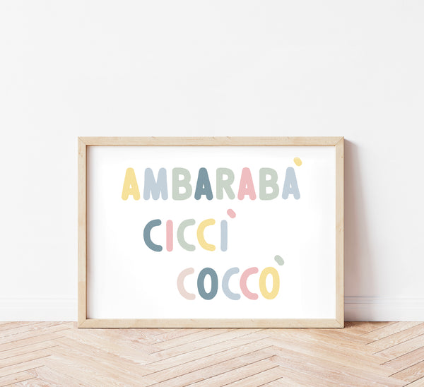 Poster tipografico per bambini con la filastrocca Ambarabà ciccì coccò