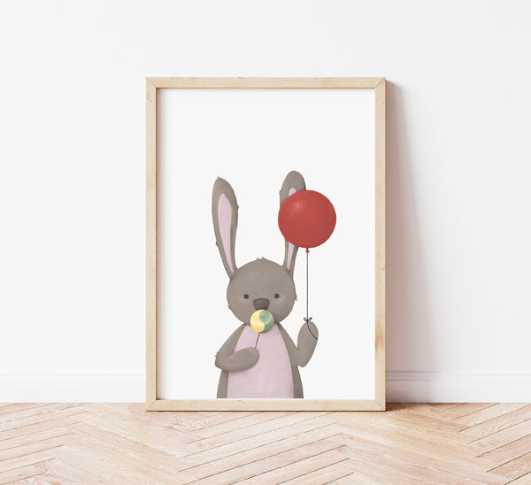 Illustrazione per bambini di un coniglietto con un lecca lecca e un palloncino rosso
