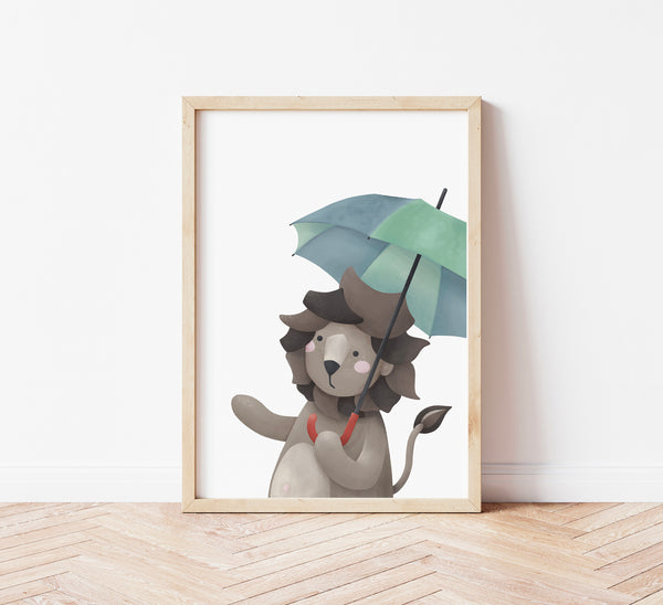 Illustrazione per bambini con un leone sotto un ombrello