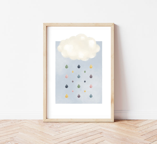 Illustrazione per bambini con nuvoletta bianca e pioggia arcobaleno