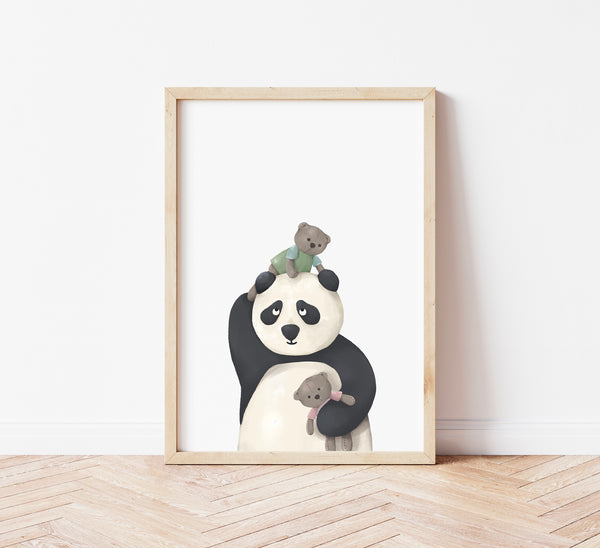 Illustrazione per bambini di un panda con due orsetti