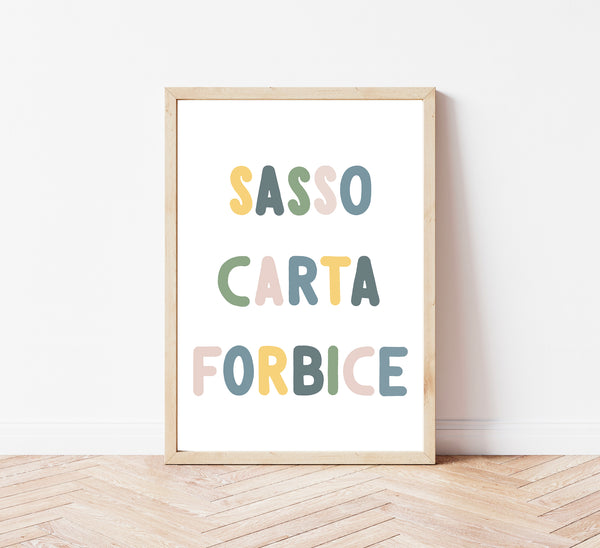 poster tipografico per bambini del gioco "sasso carta forbice"