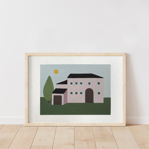 quadro incorniciato che rappresenta una casa rosa di campagna, ambientata in un paesaggio primaverile