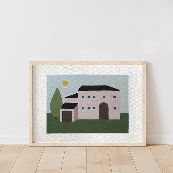 quadro incorniciato che rappresenta una casa rosa di campagna, ambientata in un paesaggio primaverile