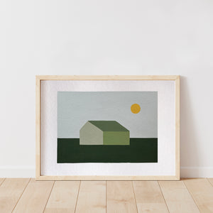 quadro di una casa di campagna sui toni del verde ambientata in un paesaggio primaverile