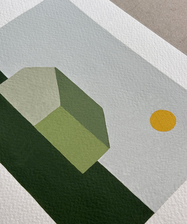 dettaglio di un quadro che rappresenta una casa di campagna sui toni del verde