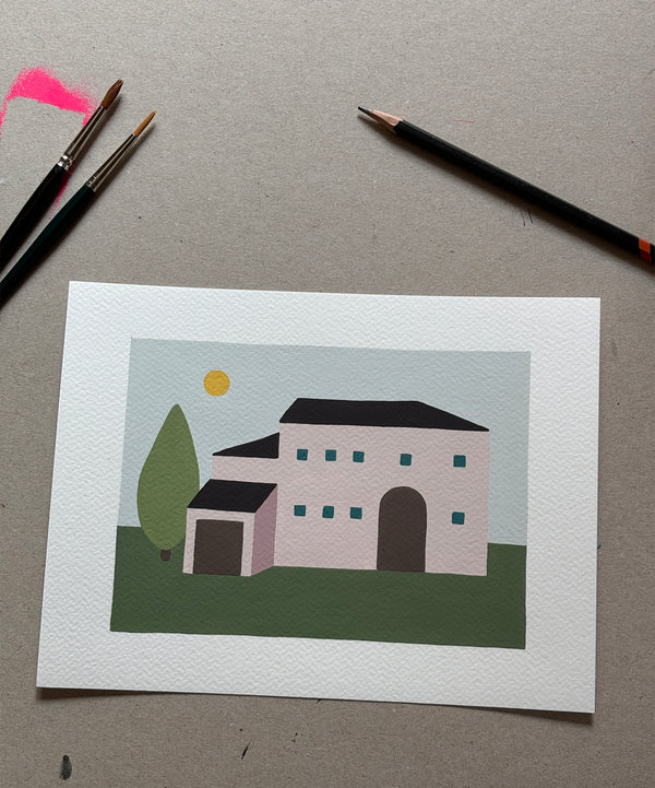 quadro dipinto a mano di una casa di campagna rosa, ambientata in un prato primaverile
